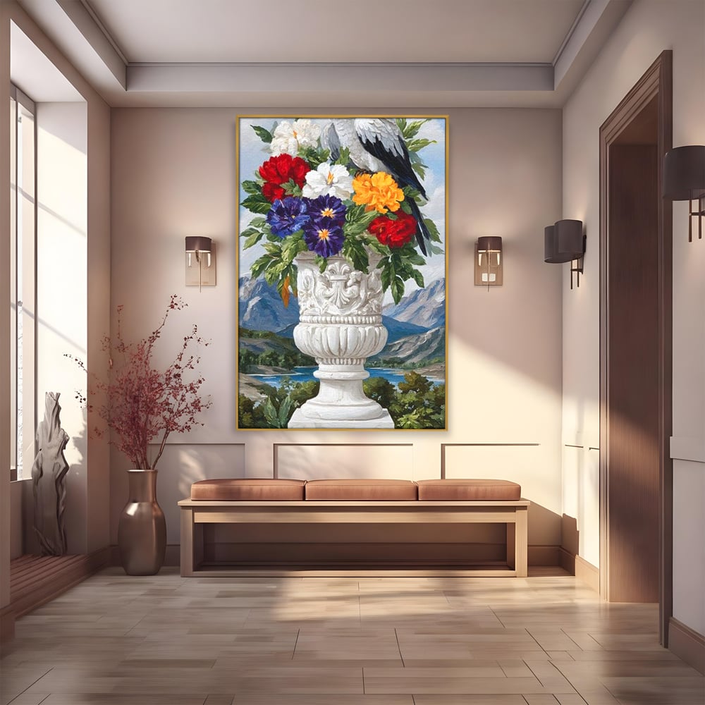 Tablou canvas cu tablou canvas cu papagal si vaza cu flori, in rama de aluminiu auriu